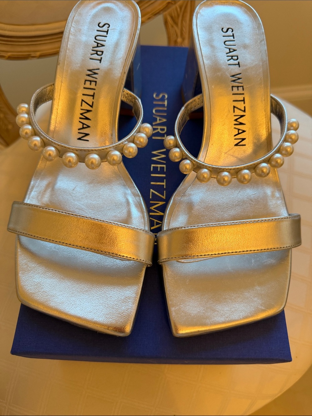Stuart Weitzman Silver Pearl-Trim Slide Sandals. NWT 8